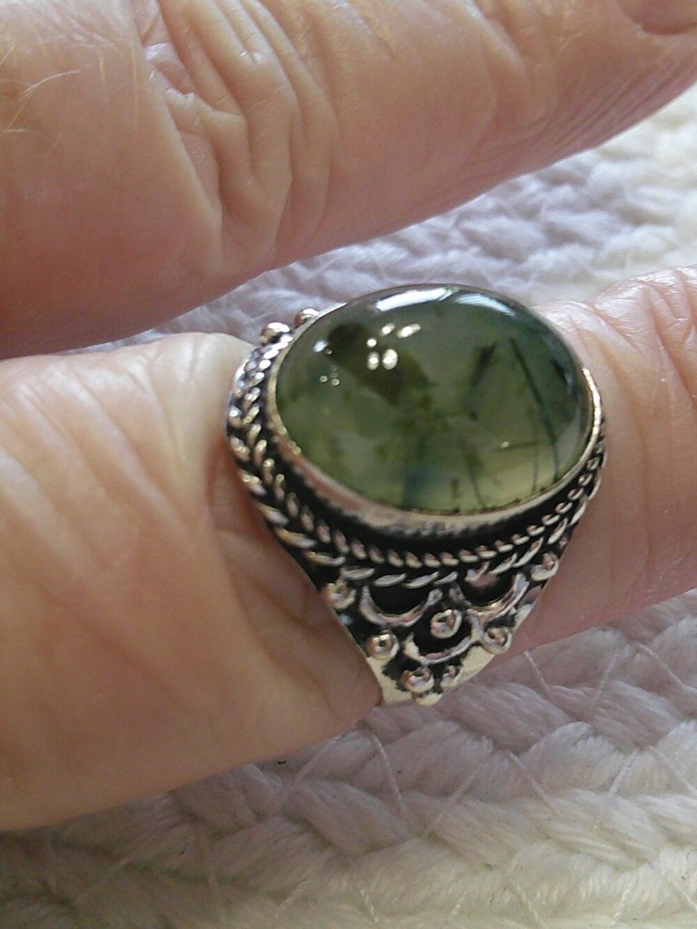 Ornate GREEN PREHNITE Handmade Sterling 925 Ring Size 9 #747E